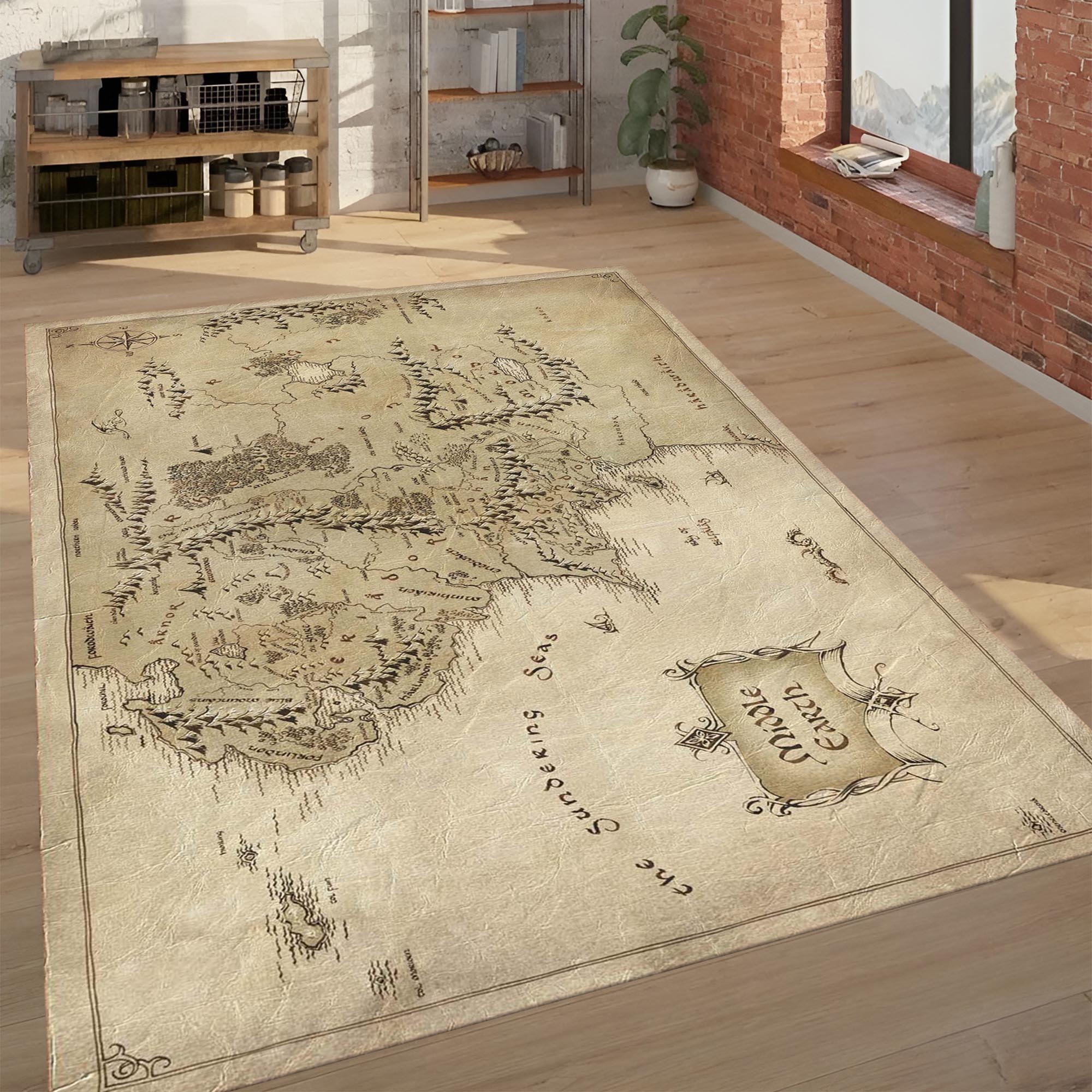 Old World Map Rug – Vintage Cartography Area Carpet, Neutral Beige