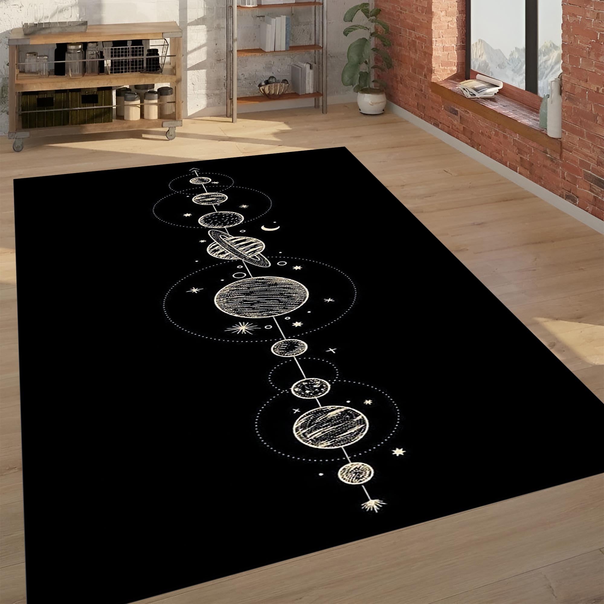 Black Space Rug – Solar System Planets Design, Modern Home Decor