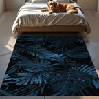 Dark Tropical Leaf Rug – Modern Botanical Design for Bedroom & Living Room, Deep Navy Jungle Aesthetic Carpet