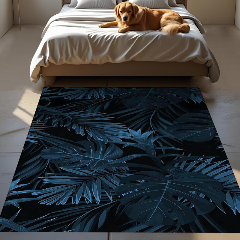 Dark Tropical Leaf Rug – Modern Botanical Design for Bedroom & Living Room, Deep Navy Jungle Aesthetic Carpet