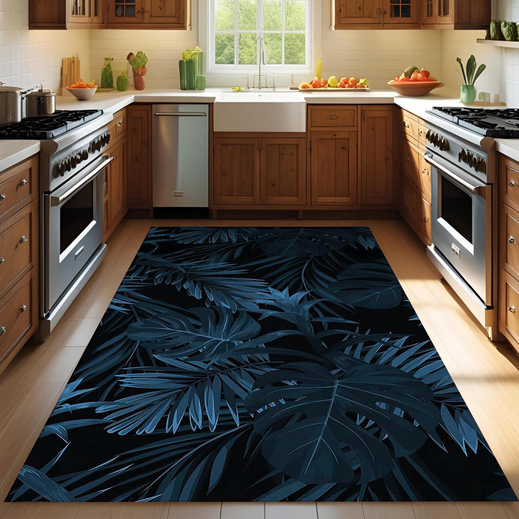 Dark Tropical Leaf Rug – Modern Botanical Design for Bedroom & Living Room, Deep Navy Jungle Aesthetic Carpet