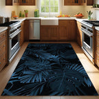 Dark Tropical Leaf Rug – Modern Botanical Design for Bedroom & Living Room, Deep Navy Jungle Aesthetic Carpet
