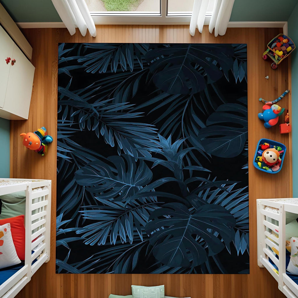 Dark Tropical Leaf Rug – Modern Botanical Design for Bedroom & Living Room, Deep Navy Jungle Aesthetic Carpet