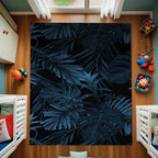 Dark Tropical Leaf Rug – Modern Botanical Design for Bedroom & Living Room, Deep Navy Jungle Aesthetic Carpet