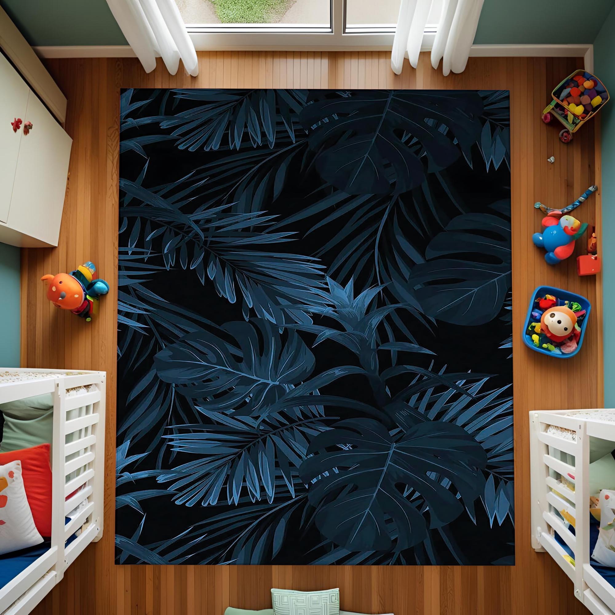 Dark Tropical Leaf Rug – Modern Botanical Design for Bedroom & Living Room, Deep Navy Jungle Aesthetic Carpet
