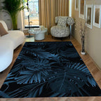 Dark Tropical Leaf Rug – Modern Botanical Design for Bedroom & Living Room, Deep Navy Jungle Aesthetic Carpet