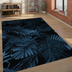 Dark Tropical Leaf Rug – Modern Botanical Design for Bedroom & Living Room, Deep Navy Jungle Aesthetic Carpet