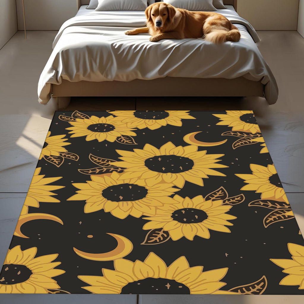 Sunflower Moon Rug – Yellow Floral Carpet with Celestial Design, Modern Boho Decor for Living Room or Bedroom