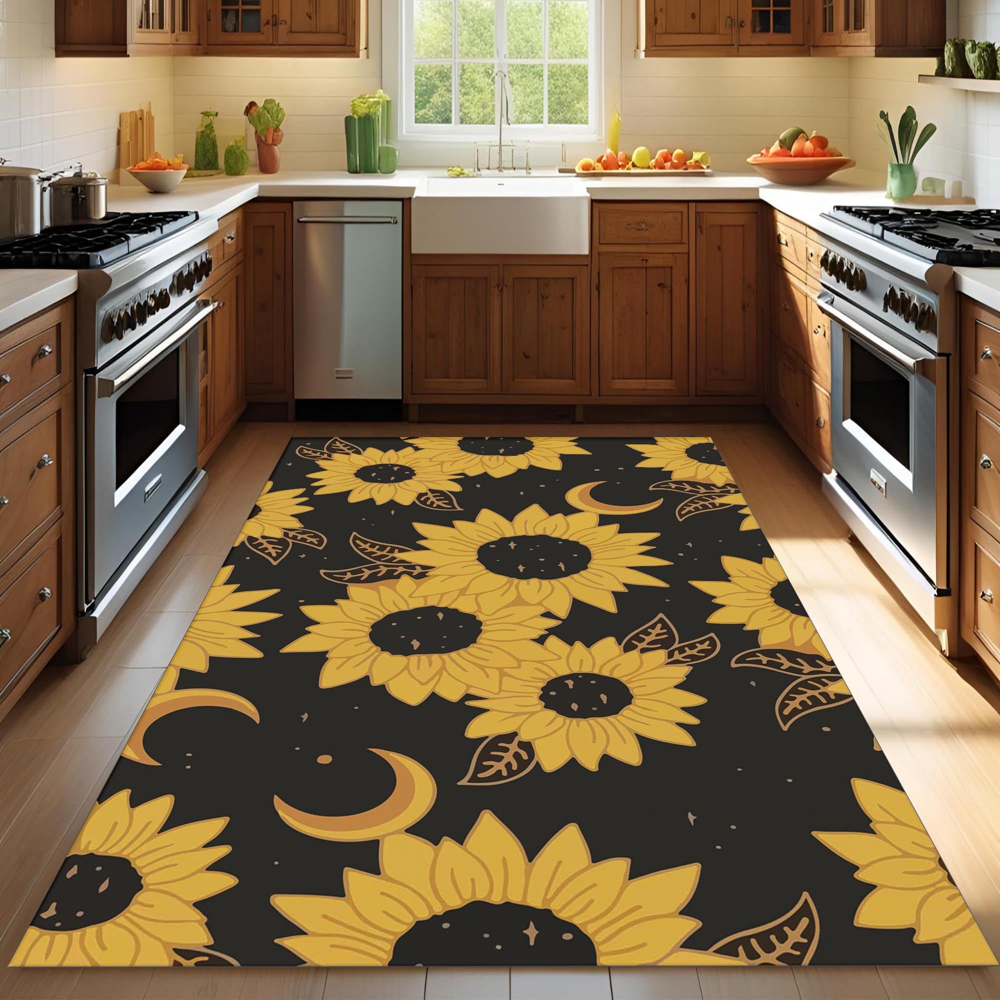 Sunflower Moon Rug – Yellow Floral Carpet with Celestial Design, Modern Boho Decor for Living Room or Bedroom
