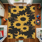 Sunflower Moon Rug – Yellow Floral Carpet with Celestial Design, Modern Boho Decor for Living Room or Bedroom