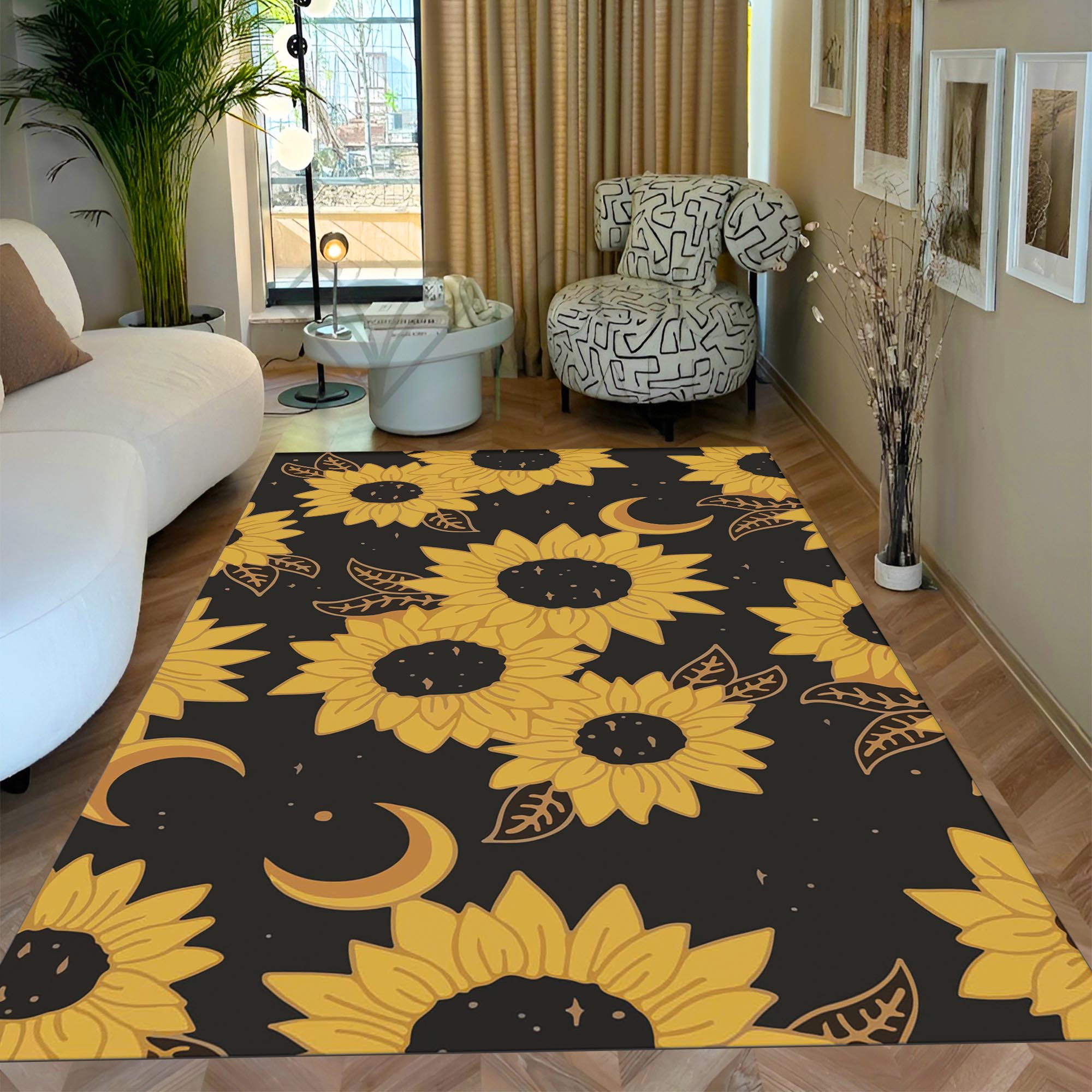 Sunflower Moon Rug – Yellow Floral Carpet with Celestial Design, Modern Boho Decor for Living Room or Bedroom