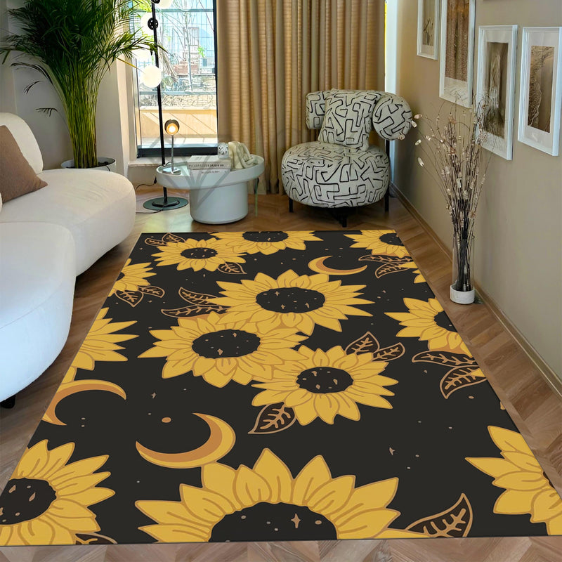 Sunflower Moon Rug – Yellow Floral Carpet with Celestial Design, Modern Boho Decor for Living Room or Bedroom