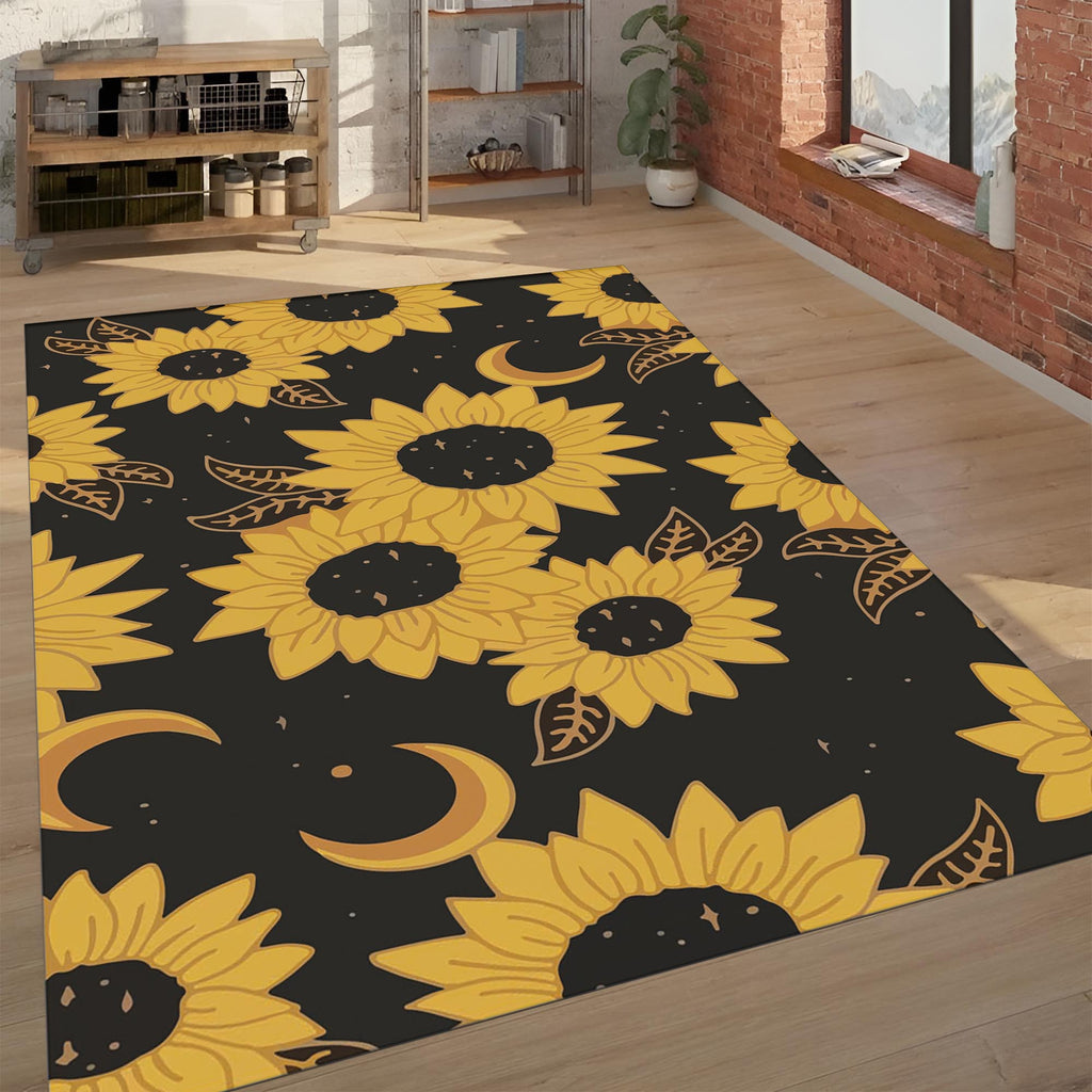 Sunflower Moon Rug – Yellow Floral Carpet with Celestial Design, Modern Boho Decor for Living Room or Bedroom
