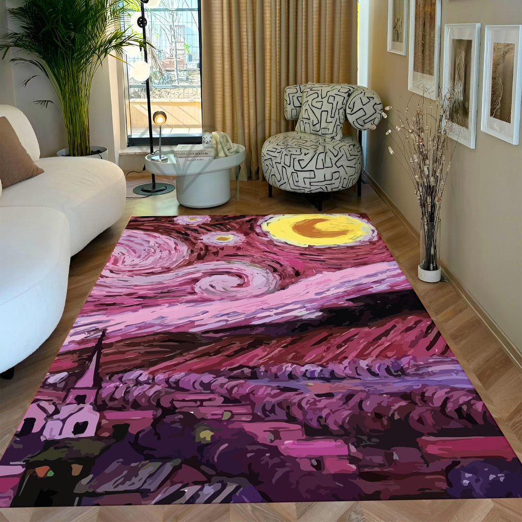 Pink Starry Night Rug – Van Gogh Inspired Art Carpet, Modern Abstract Design for Bedroom or Living Room Decor