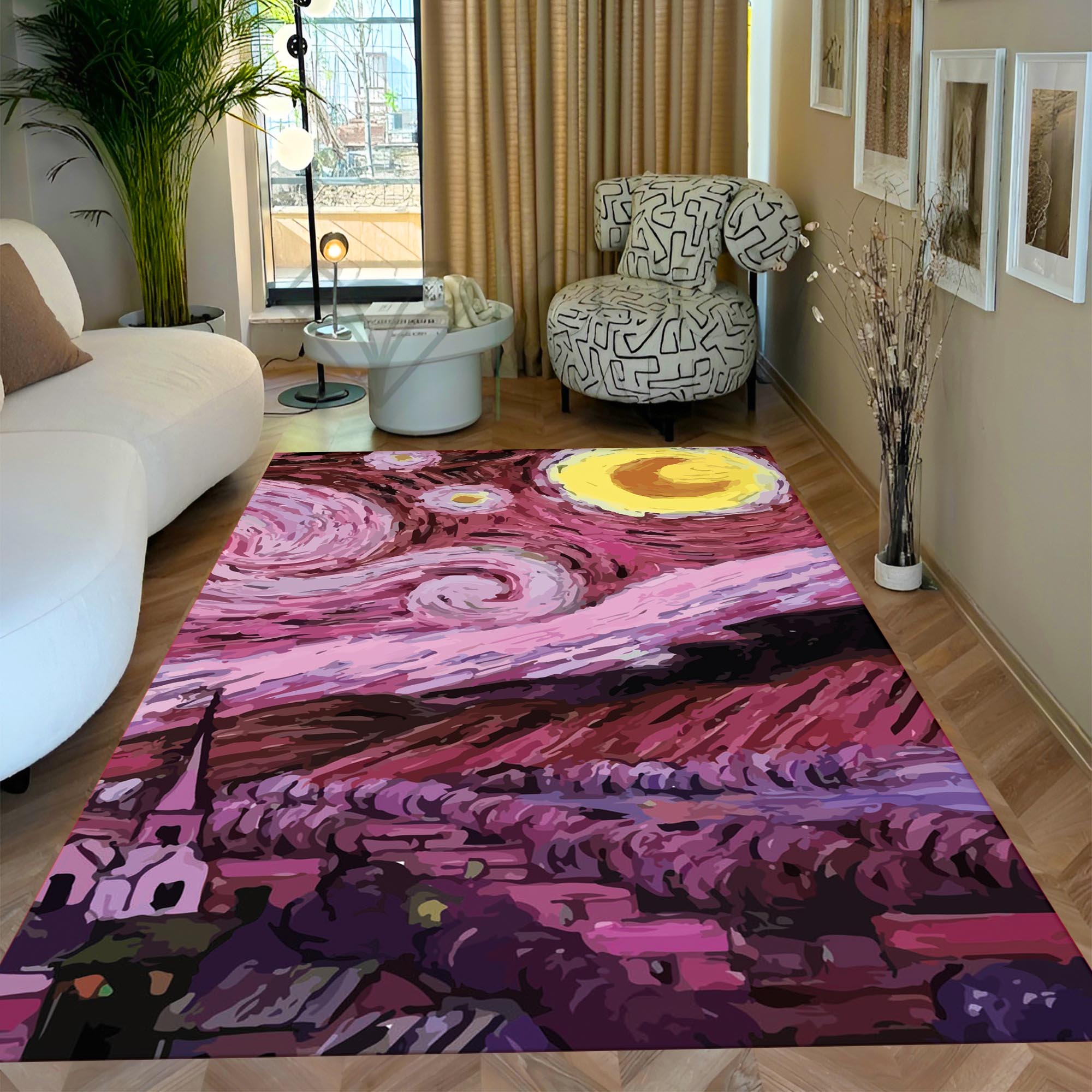 Pink Starry Night Rug – Van Gogh Inspired Art Carpet, Modern Abstract Design for Bedroom or Living Room Decor