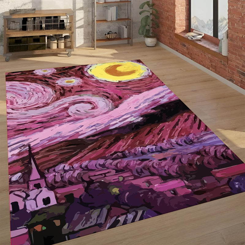 Modern Art Area Rug – Pink Starry Night Style, Bold Color Carpet