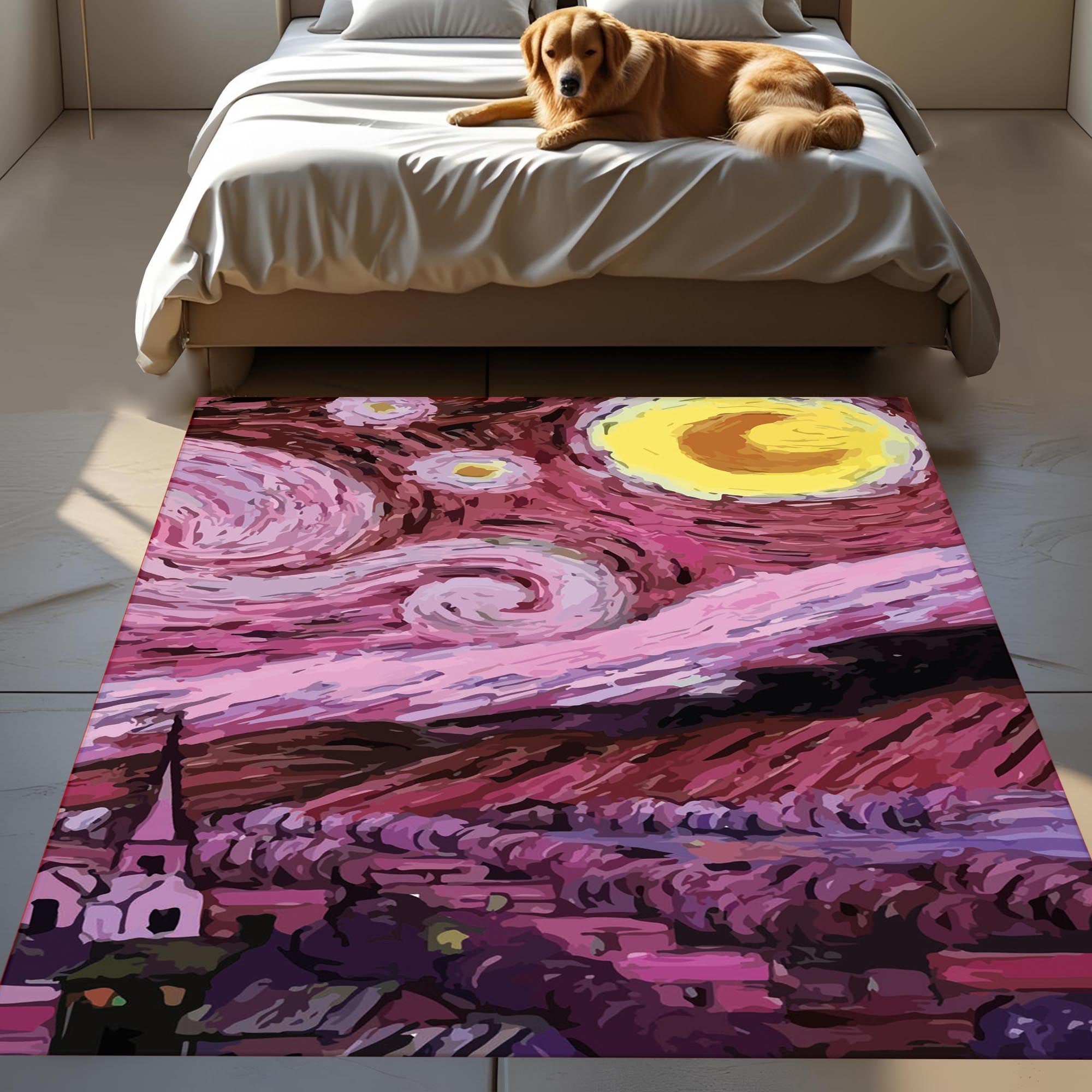 Pink Starry Night Rug – Van Gogh Inspired Art Carpet, Modern Abstract Design for Bedroom or Living Room Decor