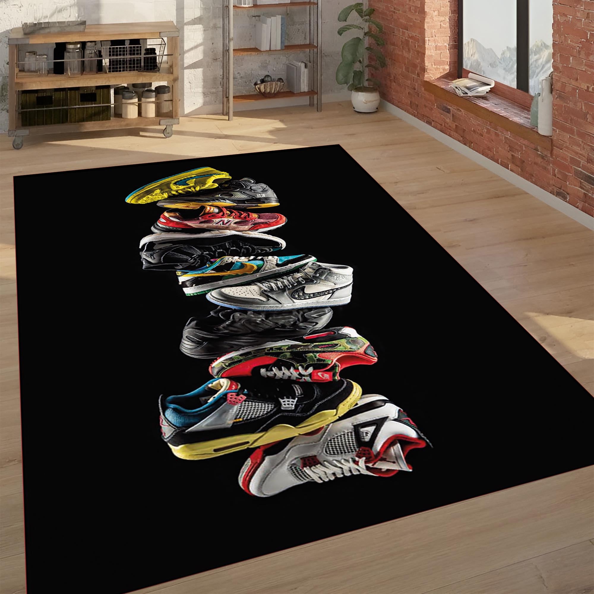 Sneakers Art Rug – Colorful Shoe Graphic on Black, Modern Decor
