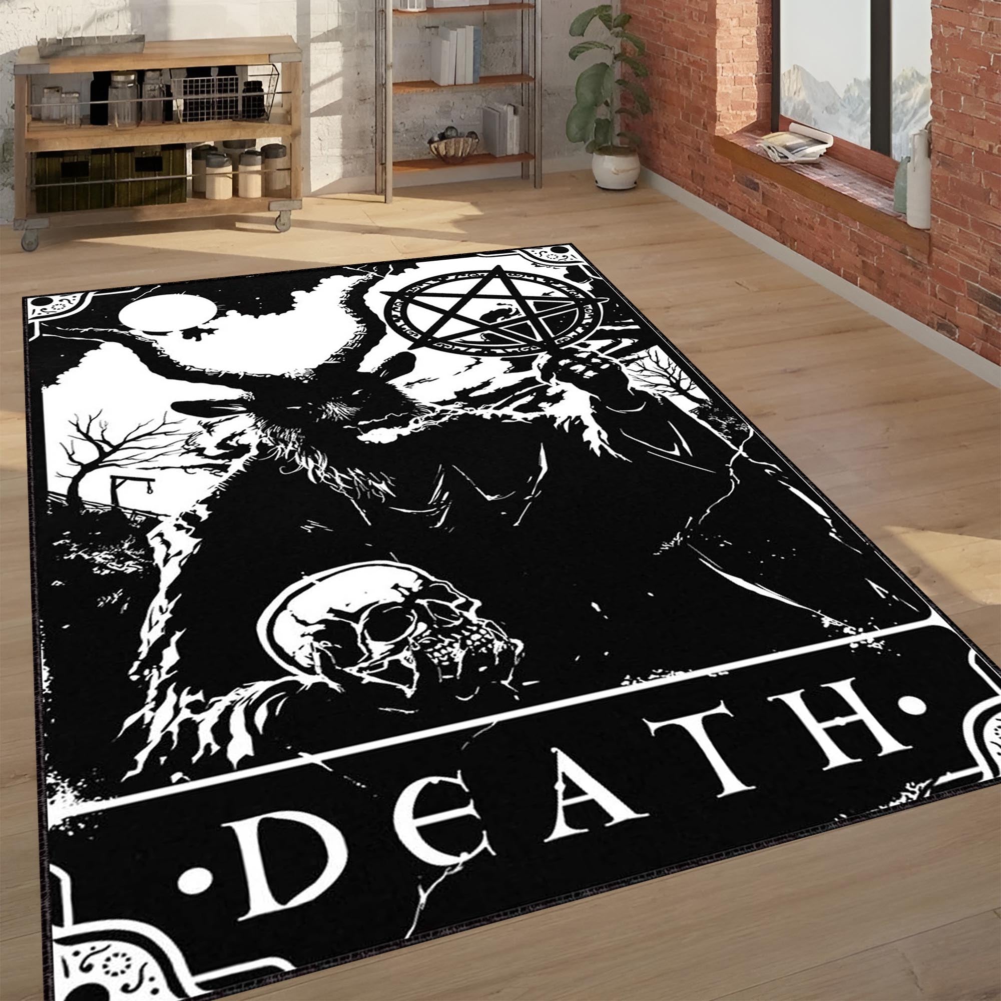 Gothic Death Tarot Card Area Rug | Black & White Occult Baphomet Art Mat