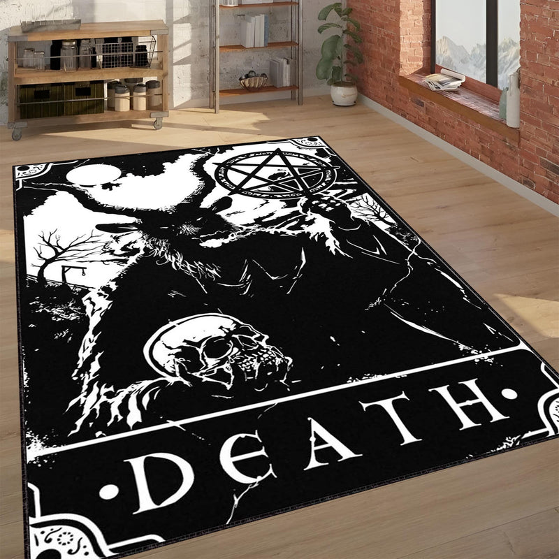 Gothic Death Tarot Card Area Rug | Black & White Occult Baphomet Art Mat