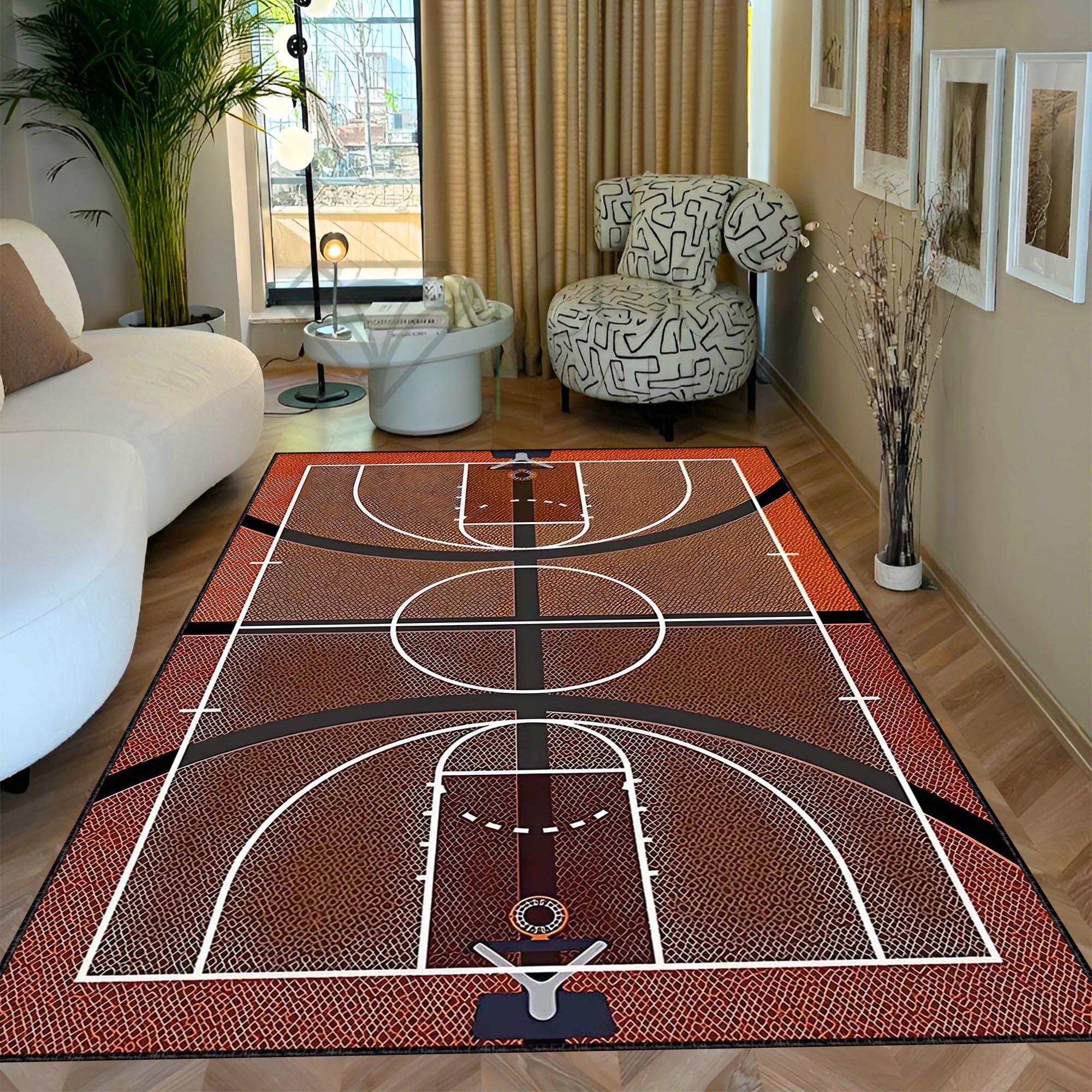 Basketball Court Area Rug | NBA Theme Sports Fan Floor Mat | Hardwood Design Carpet