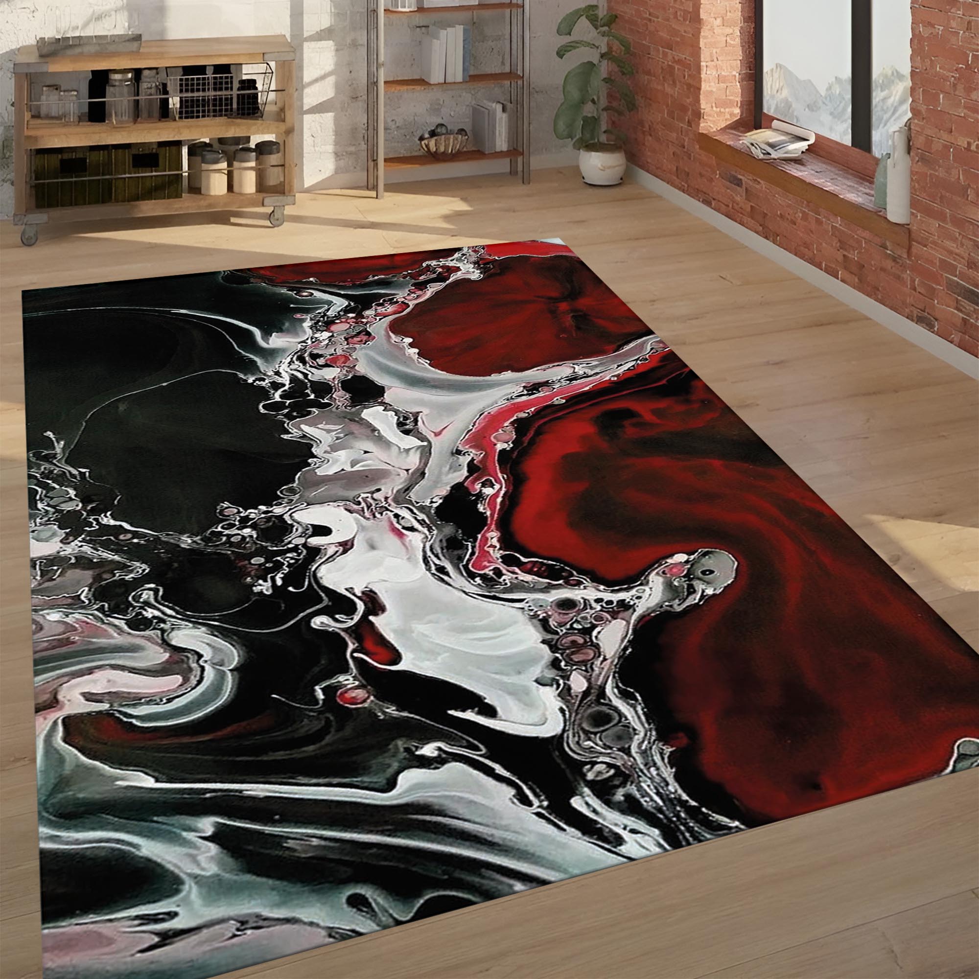 Fluid Art Area Rug – Red/Black/White Swirl Design, Modern Decor