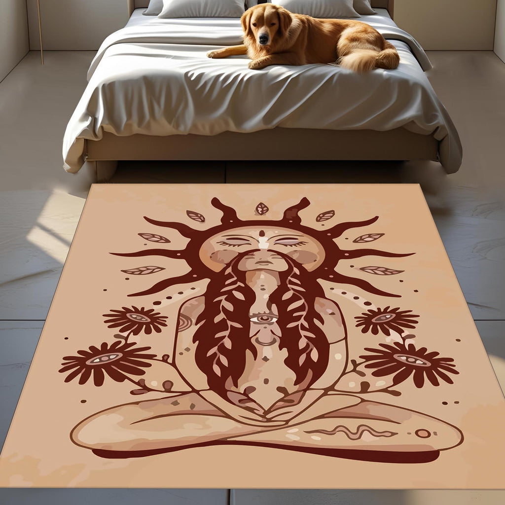 Boho Goddess Rug – Spiritual Meditation Carpet with Sun and Floral Design, Earth Tone Bohemian Decor for Bedroom or Living Room