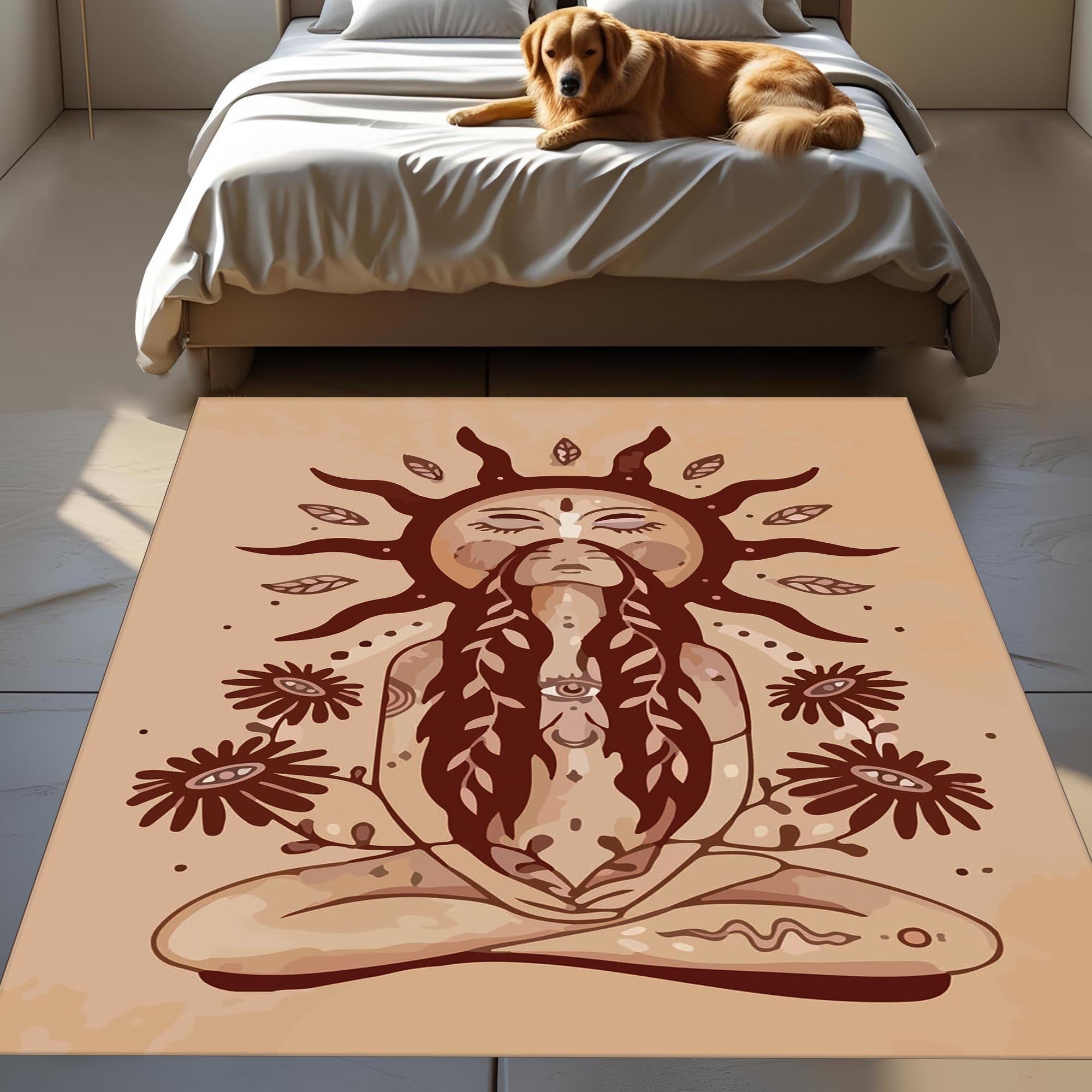 Boho Goddess Rug – Spiritual Meditation Carpet with Sun and Floral Design, Earth Tone Bohemian Decor for Bedroom or Living Room