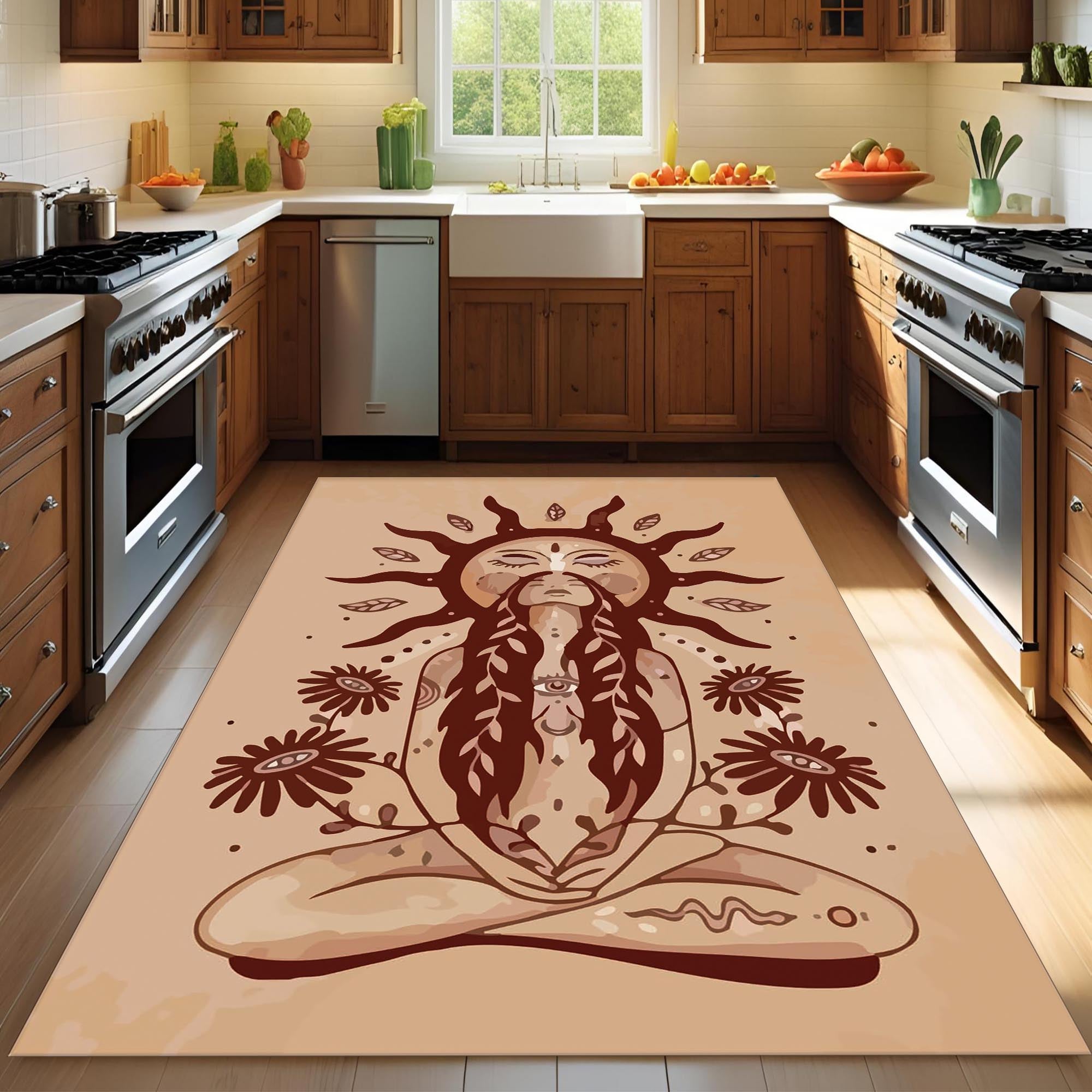 Boho Goddess Rug – Spiritual Meditation Carpet with Sun and Floral Design, Earth Tone Bohemian Decor for Bedroom or Living Room