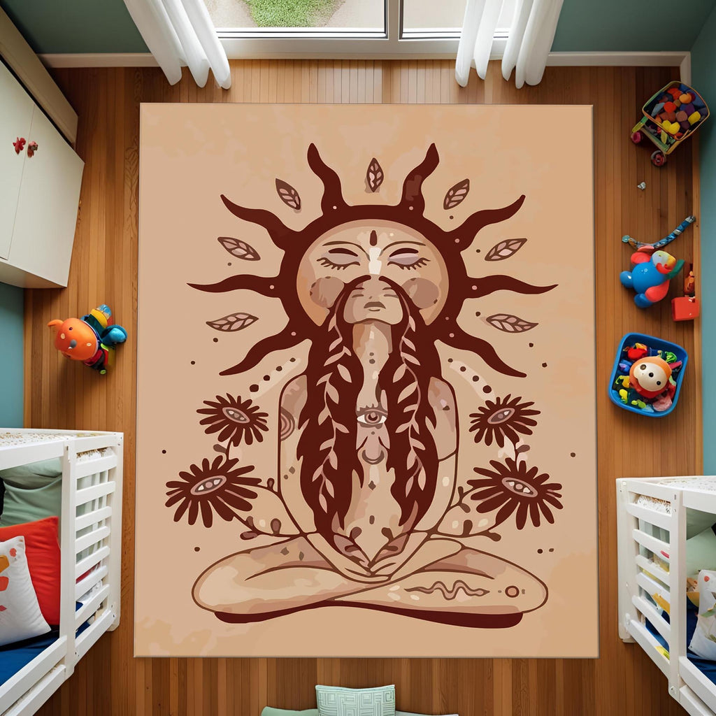 Boho Goddess Rug – Spiritual Meditation Carpet with Sun and Floral Design, Earth Tone Bohemian Decor for Bedroom or Living Room