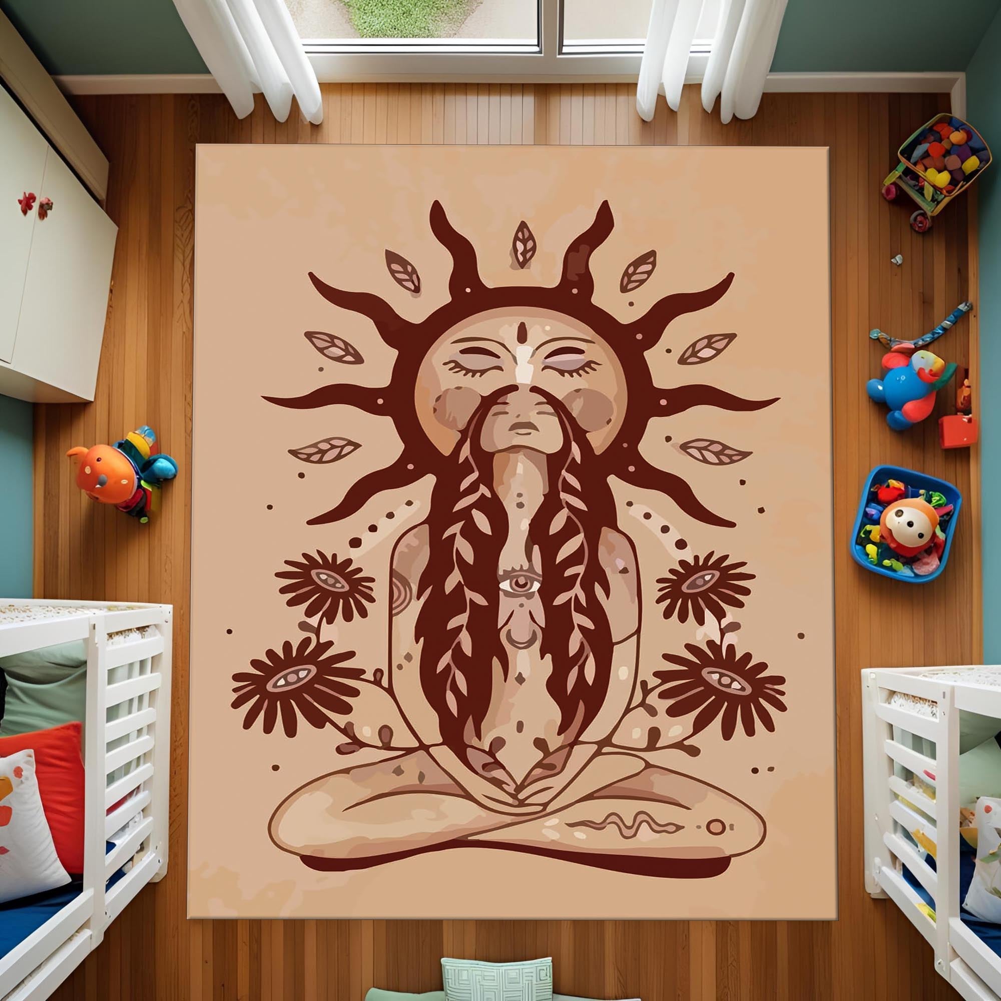 Boho Goddess Rug – Spiritual Meditation Carpet with Sun and Floral Design, Earth Tone Bohemian Decor for Bedroom or Living Room