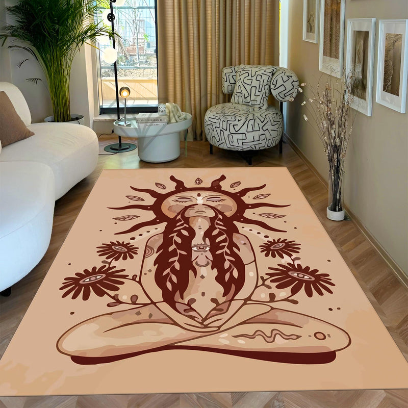Boho Goddess Rug – Spiritual Meditation Carpet with Sun and Floral Design, Earth Tone Bohemian Decor for Bedroom or Living Room