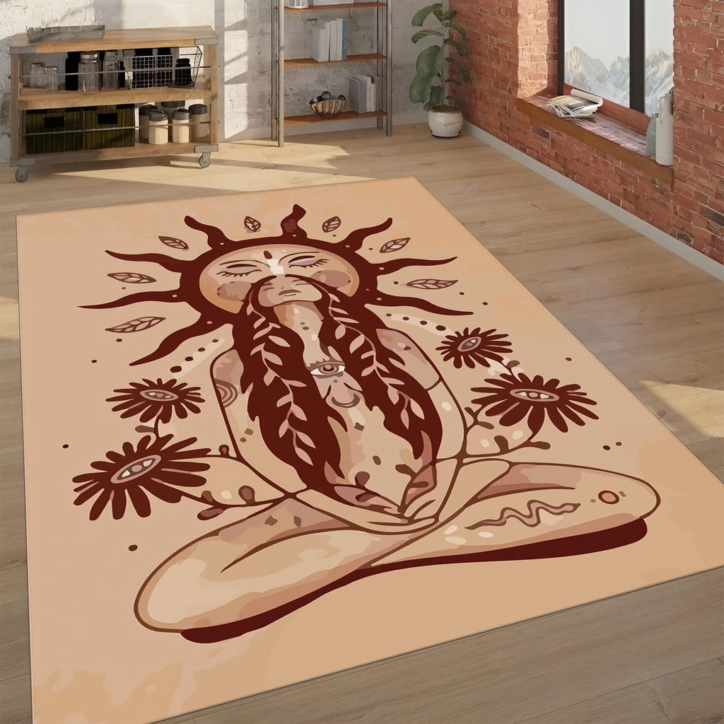 Boho Goddess Rug – Spiritual Meditation Carpet with Sun and Floral Design, Earth Tone Bohemian Decor for Bedroom or Living Room