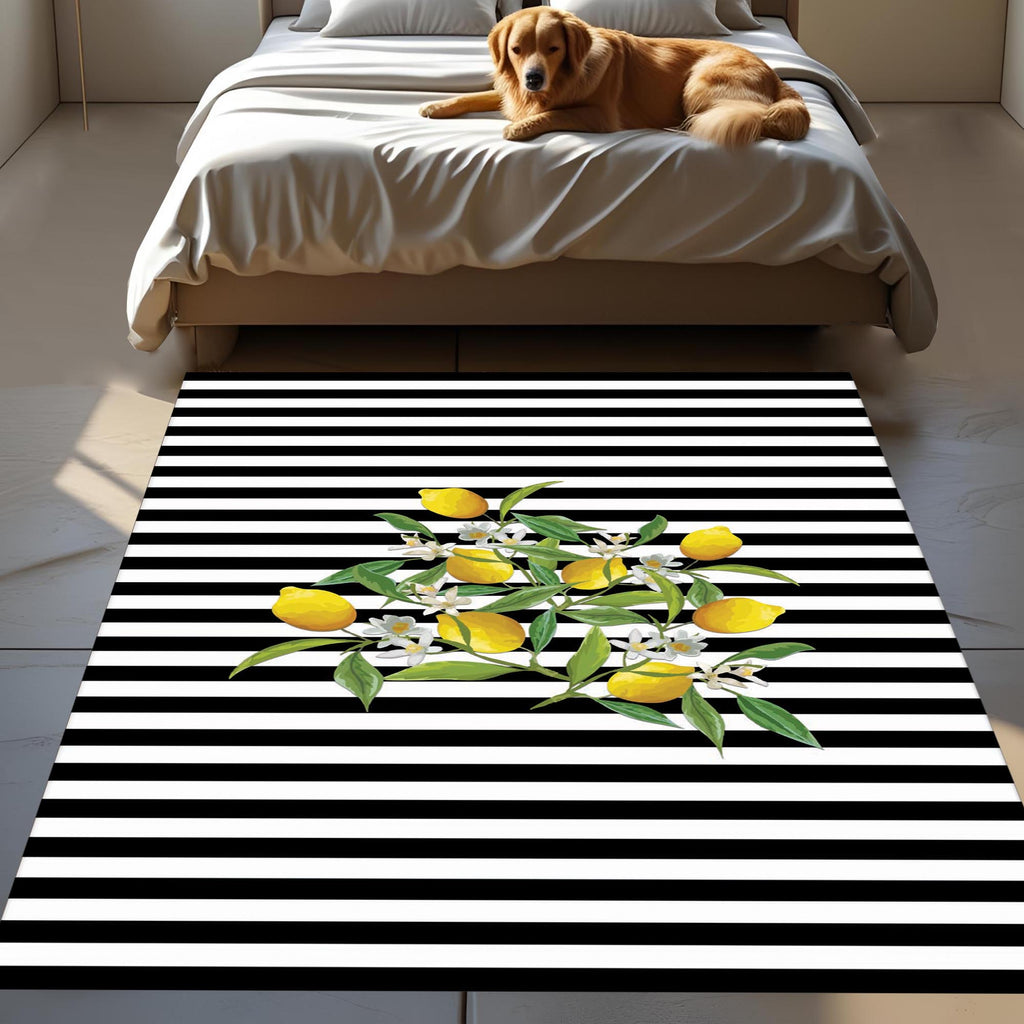 Lemon Kitchen Rug – Black and White Striped Non-Slip Carpet with Citrus Design, Modern Farmhouse Decor for Dining or Cooking Area