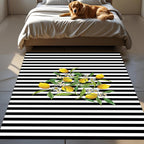 Lemon Kitchen Rug – Black and White Striped Non-Slip Carpet with Citrus Design, Modern Farmhouse Decor for Dining or Cooking Area