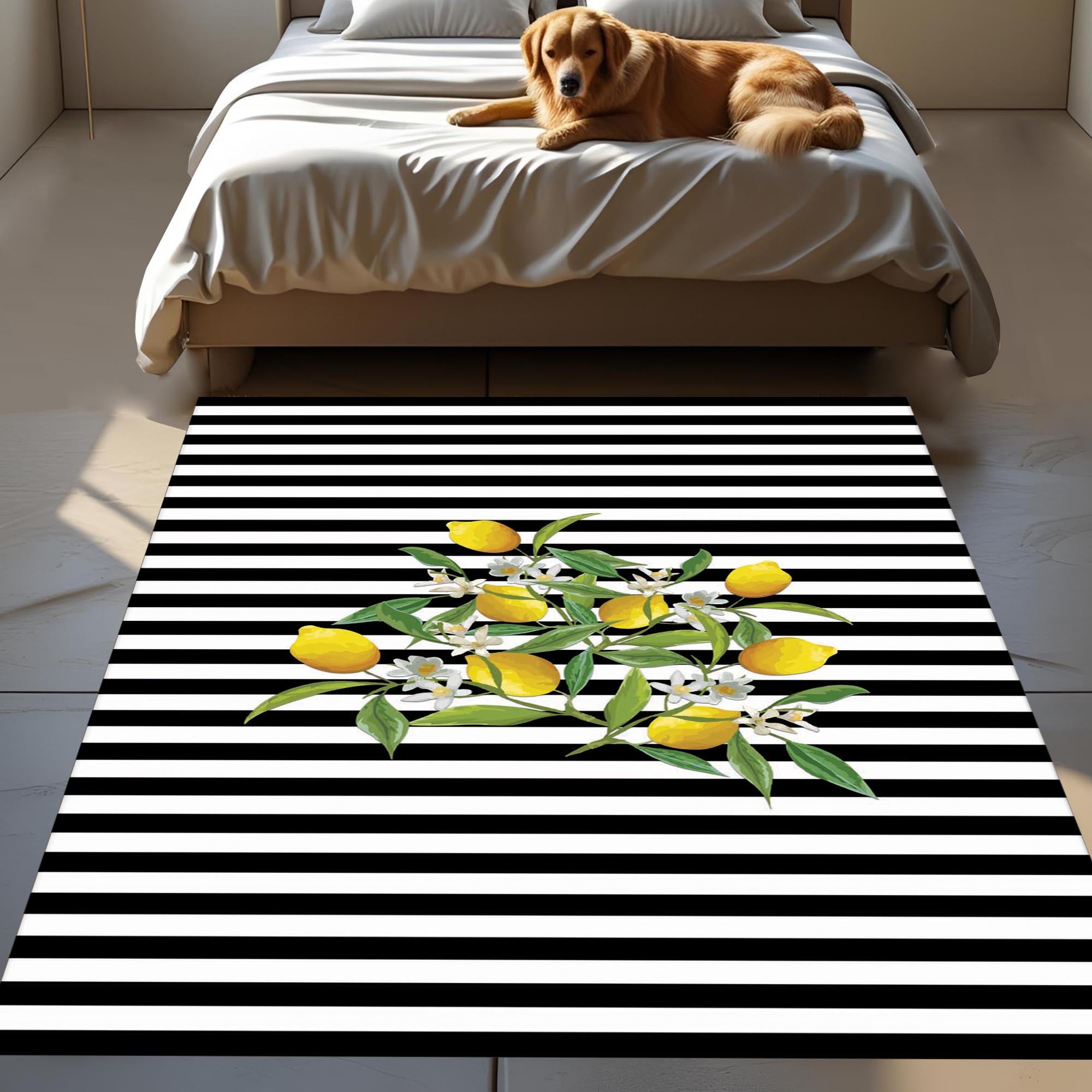 Lemon Kitchen Rug – Black and White Striped Non-Slip Carpet with Citrus Design, Modern Farmhouse Decor for Dining or Cooking Area