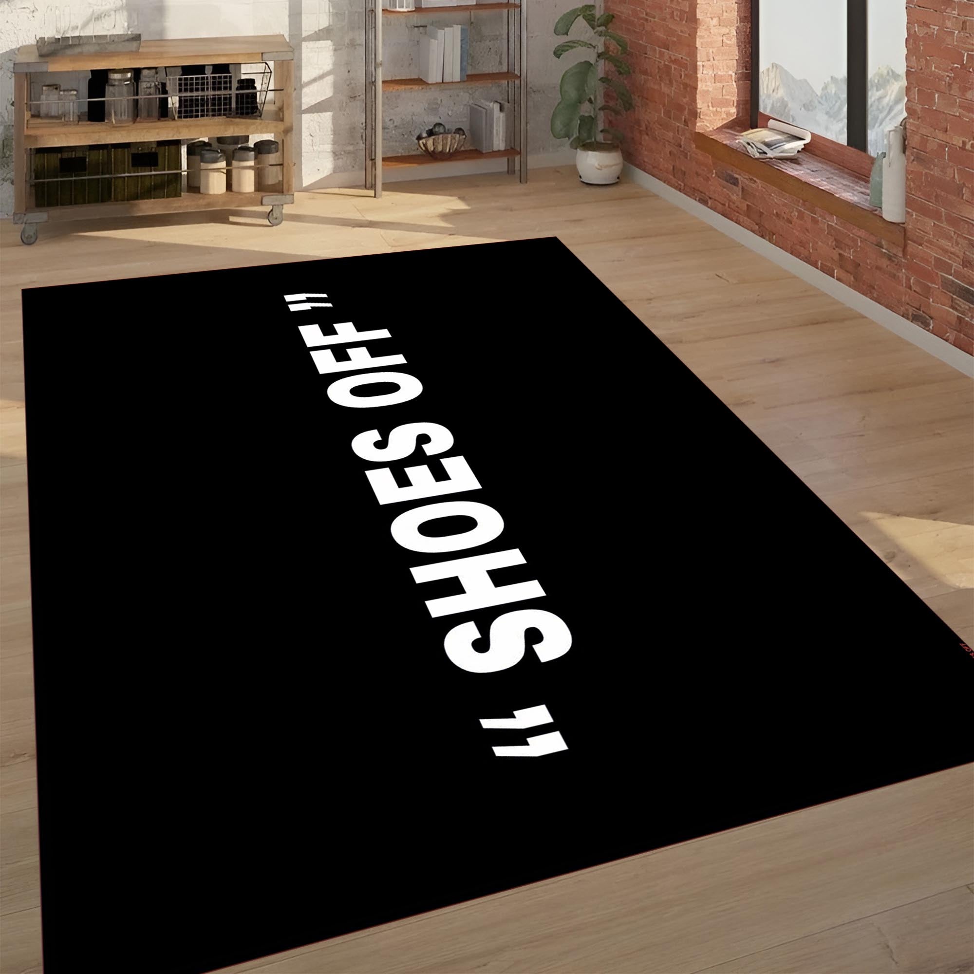 Black and White "Shoes Off" Statement Rug | Home Rule & Clean Floor Decor