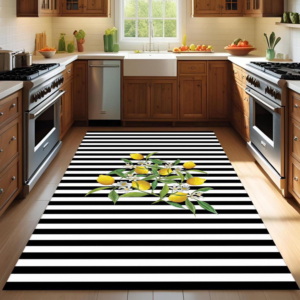 Lemon Kitchen Rug – Black and White Striped Non-Slip Carpet with Citrus Design, Modern Farmhouse Decor for Dining or Cooking Area