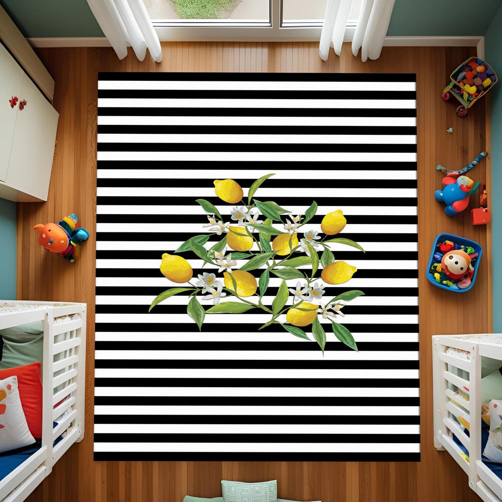 Lemon Kitchen Rug – Black and White Striped Non-Slip Carpet with Citrus Design, Modern Farmhouse Decor for Dining or Cooking Area