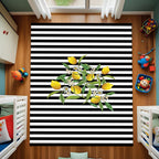 Lemon Kitchen Rug – Black and White Striped Non-Slip Carpet with Citrus Design, Modern Farmhouse Decor for Dining or Cooking Area