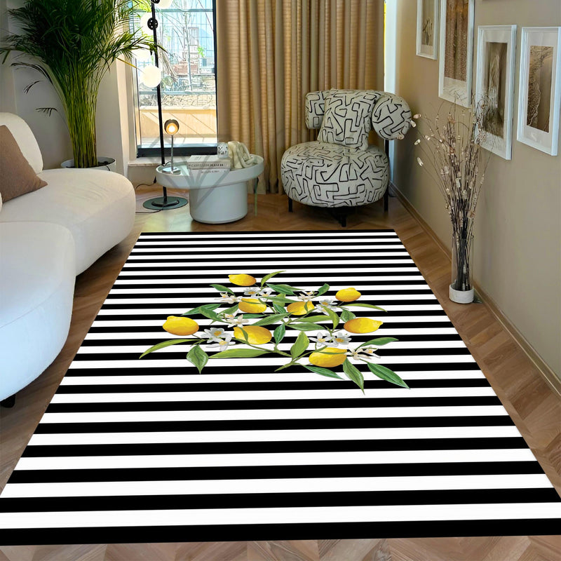 Lemon Kitchen Rug – Black and White Striped Non-Slip Carpet with Citrus Design, Modern Farmhouse Decor for Dining or Cooking Area