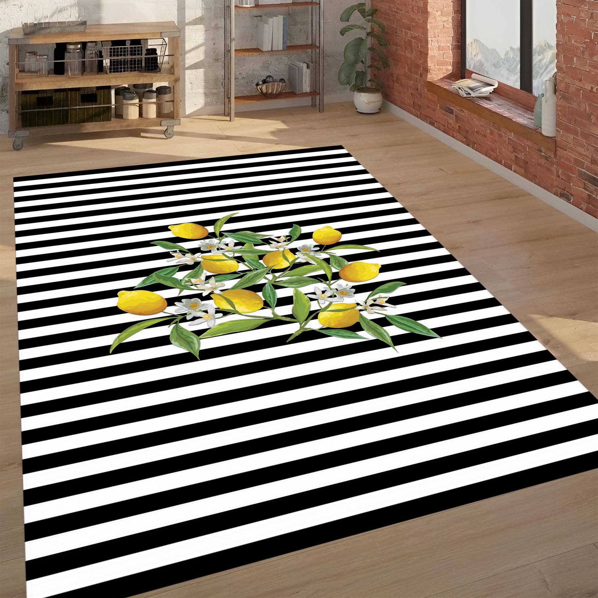 Lemon Kitchen Rug – Black and White Striped Non-Slip Carpet with Citrus Design, Modern Farmhouse Decor for Dining or Cooking Area