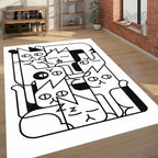 Minimalist Cat Pile Area Rug | Black & White Geometric Abstract Cat Art Mat