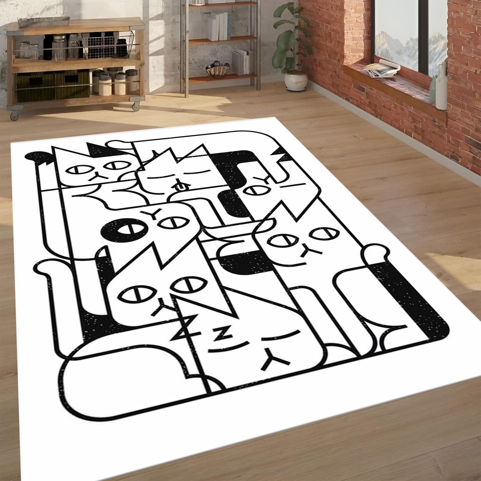 Minimalist Cat Pile Area Rug | Black & White Geometric Abstract Cat Art Mat
