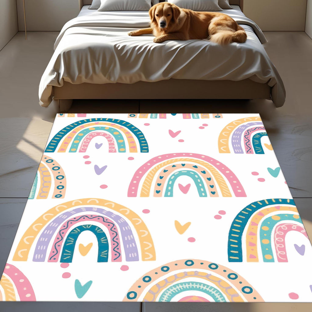 Colorful Rainbow Rug – Pastel Boho Carpet for Kids Room, Nursery, or Bedroom Decor with Cute Heart Accents