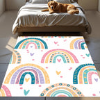 Colorful Rainbow Rug – Pastel Boho Carpet for Kids Room, Nursery, or Bedroom Decor with Cute Heart Accents