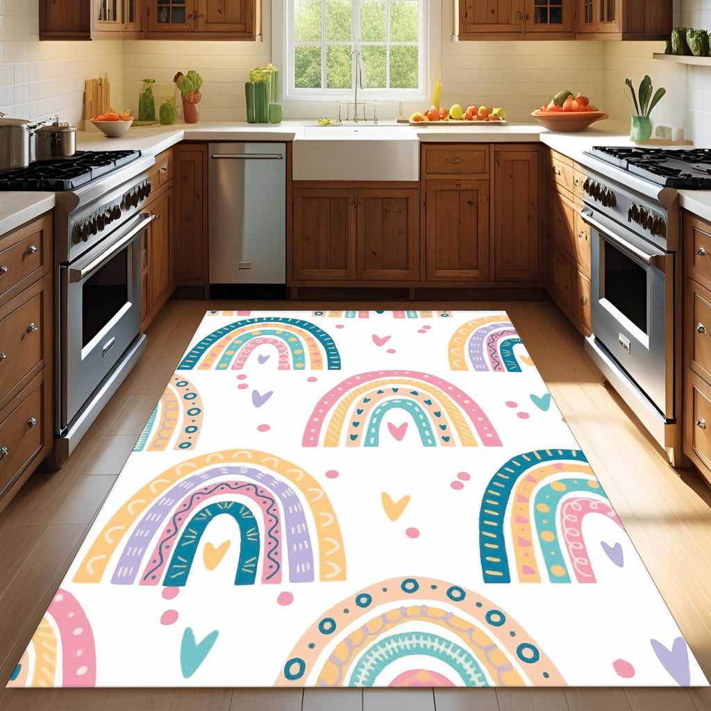 Colorful Rainbow Rug – Pastel Boho Carpet for Kids Room, Nursery, or Bedroom Decor with Cute Heart Accents
