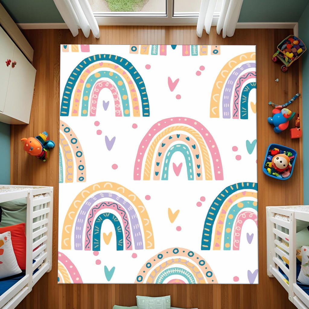 Colorful Rainbow Rug – Pastel Boho Carpet for Kids Room, Nursery, or Bedroom Decor with Cute Heart Accents