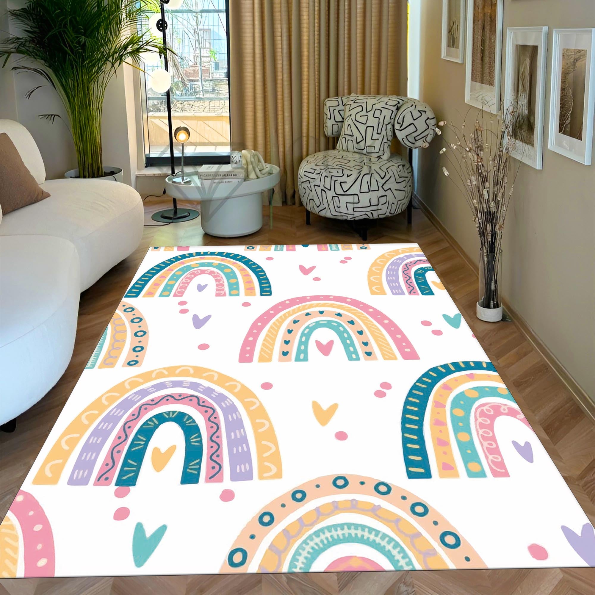Colorful Rainbow Rug – Pastel Boho Carpet for Kids Room, Nursery, or Bedroom Decor with Cute Heart Accents