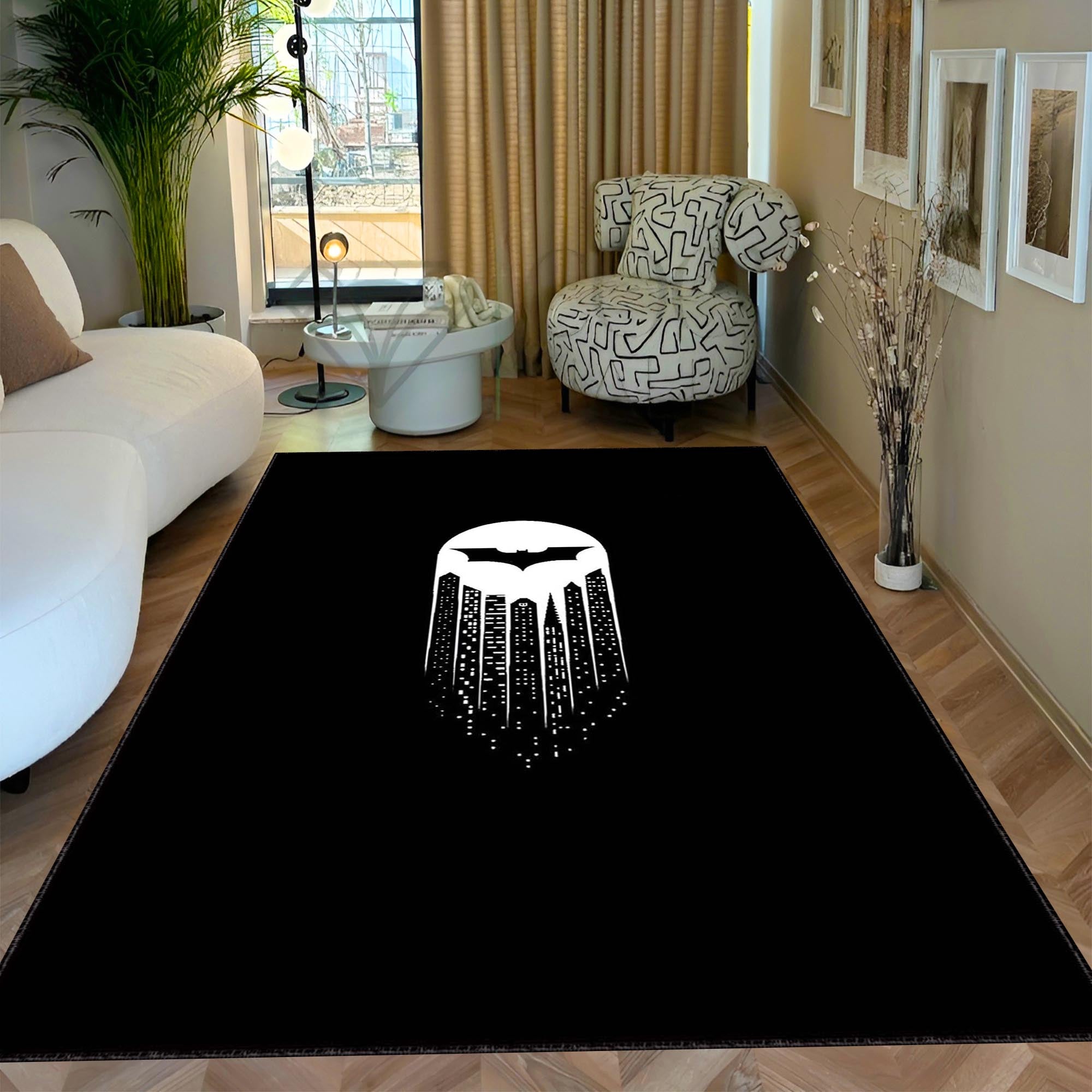Minimalist Bat Signal & Gotham City Skyline Rug | Black Superhero Fan Mat